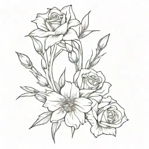 rose, aster, gladiolus, narcissus flower bouquet tattoo design idea