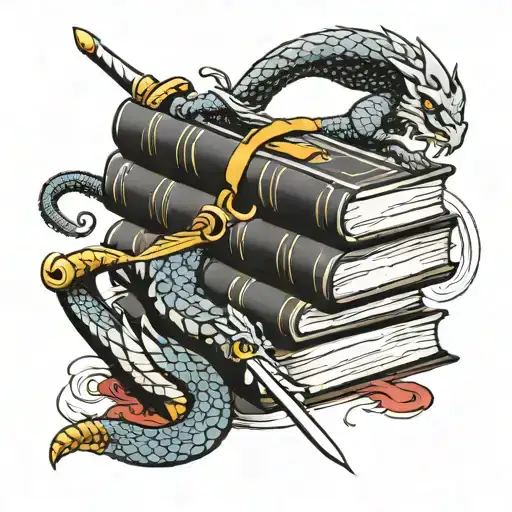stack of three books with sword piercing them and dragon curling up around the sword.  tattoo design idea