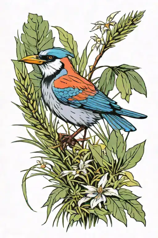 cardinal oriole kiskadee blue heron surrounded by grasses nature tattoo design idea