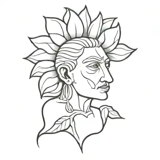 A minimalist tattoo design of a god-like figure holding a sunflower as a symbol of power and creation tattoo design idea