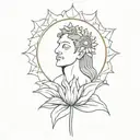 A minimalist tattoo design of a god-like figure holding a sunflower as a symbol of power and creation tattoo design idea