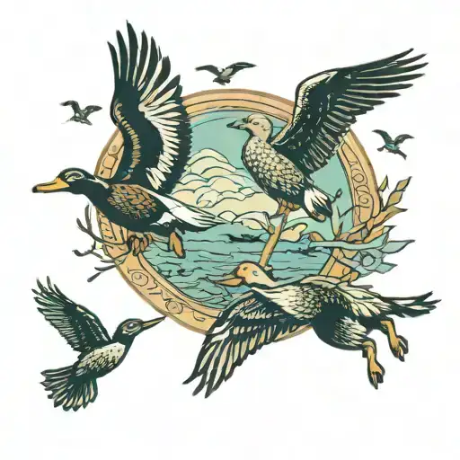 hunting with ducks flying and hunters aiming towards the ducks with a dog sitting and tree tattoo design idea