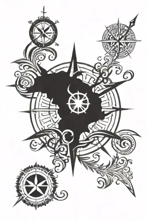 compass with australia and new zealand tribal silver fern tattoo design idea