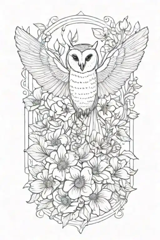 whimsical, ethereal and feminine floral fine line tattoo with a honey bee, bat, barn owl,  tattoo design idea