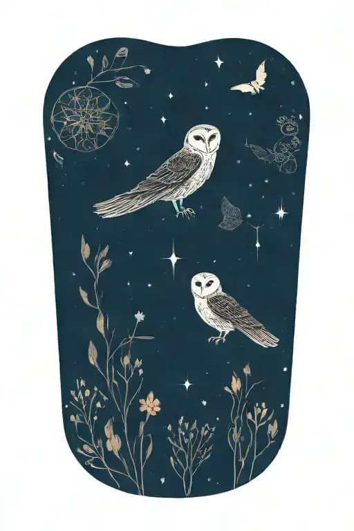 symbols hidden within fine-line flowers, including a barn owl, bat, honey bee, andromeda star system tattoo design idea