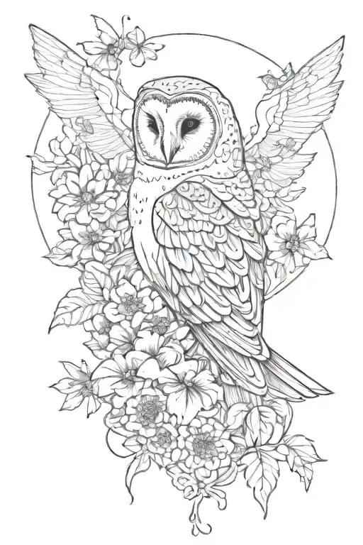 feminine floral fine line tattoo with a hidden barn owl, a bumble bee, a bat, water elements, crystal structures tattoo design idea