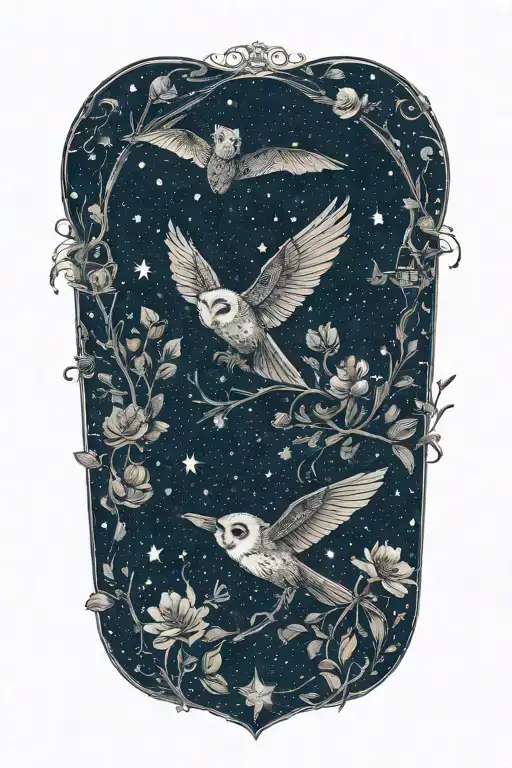 flowers, barn owl, bat, honey bee, andromeda star system tattoo design idea