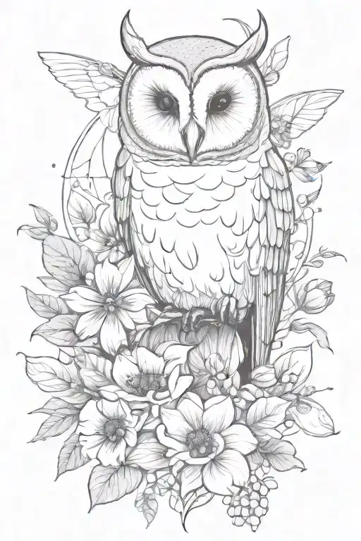 feminine floral fine line tattoo incorporating a hiddenbarn owl, a bumble bee, a bat, water elements, crystal structures tattoo design idea