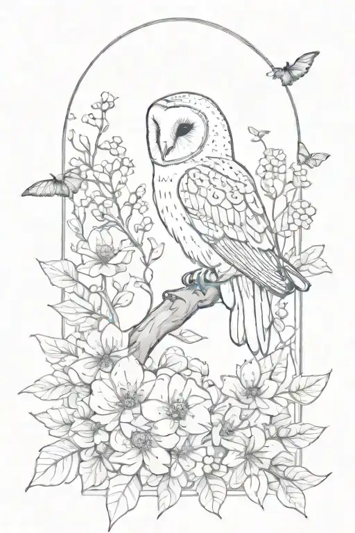 feminine floral fine line tattoo with a hidden barn owl, a bumble bee, a bat, water elements, crystal structures tattoo design idea