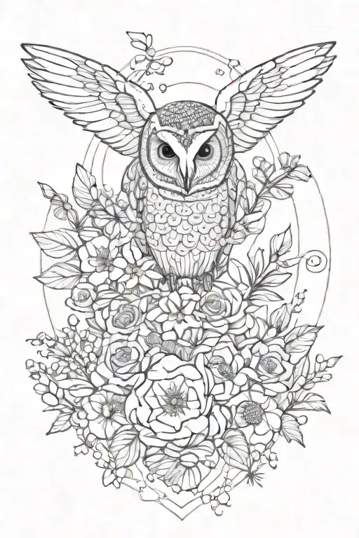feminine floral fine line tattoo with a hidden barn owl, a bumble bee, a bat, water elements, crystal structures tattoo design idea