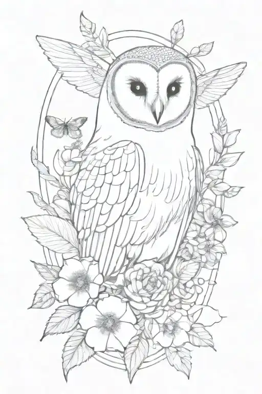 feminine floral fine line tattoo incorporating a hiddenbarn owl, a bumble bee, a bat, water elements, crystal structures tattoo design idea