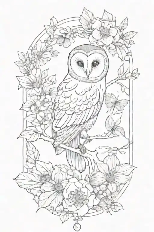 feminine floral fine line tattoo incorporating a barn owl, a bumble bee, a bat, water elements, crystal structures tattoo design idea