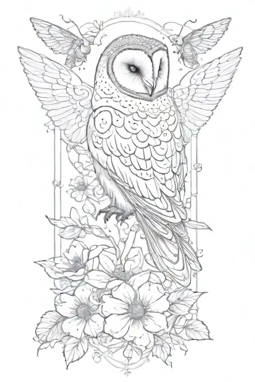 feminine floral fine line tattoo with a hidden barn owl, a bumble bee, a bat, water elements, crystal structures tattoo design idea