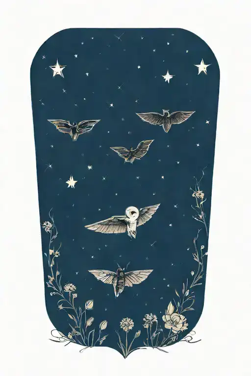 flowers, barn owl, bat, honey bee, andromeda star system tattoo design idea