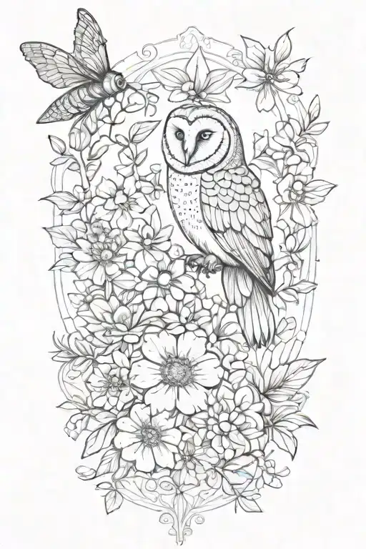 feminine floral fine line tattoo with a honey bee, bat, barn owl,  tattoo design idea