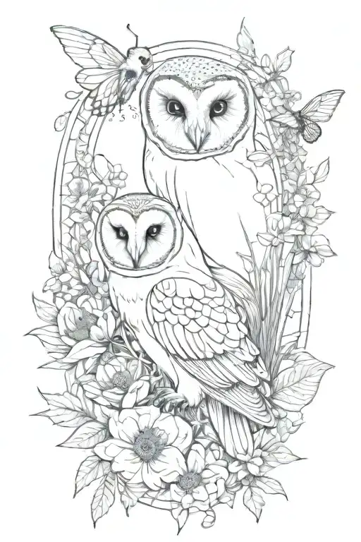 feminine floral fine line tattoo incorporating a hiddenbarn owl, a bumble bee, a bat, water elements, crystal structures tattoo design idea