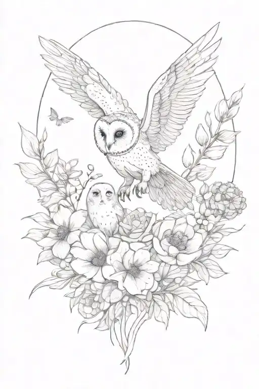feminine fine-line florals that incorporate "hidden" barn owl, honey bees, bat, reiki, water elements tattoo design idea