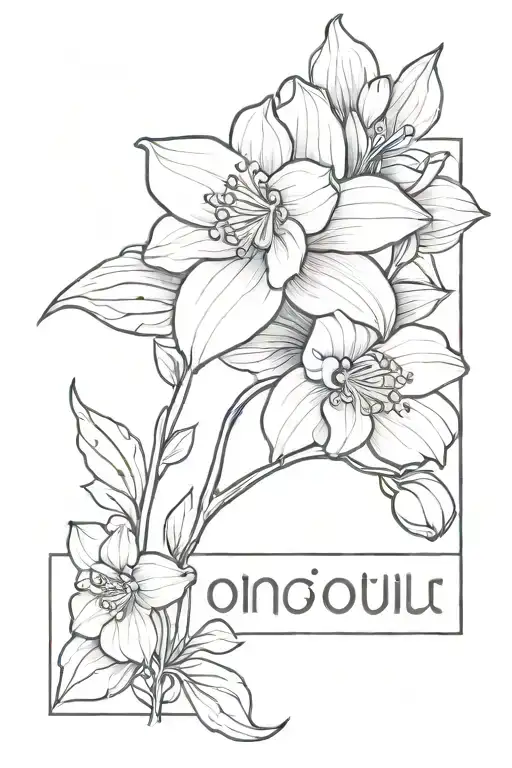 A minimalist tattoo design of a Jonquil flower intertwined with the date March 29, 2024, symbolizing the birth of a child tattoo design idea
