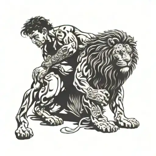 Samson wrestling a lion (Brazilian Jiu Jitsu inspirated). Backround black, Samson and Lion white tattoo design idea