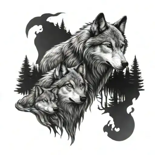 A mother wolf protecting her cubs in a dark and haunting forest setting tattoo design idea