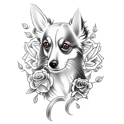 long hair Chihuahua with roses tattoo design idea