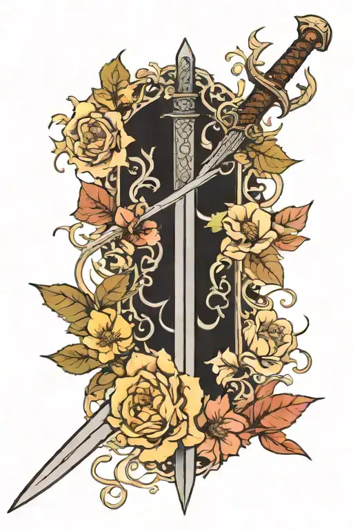 Sword and flowers blooming with elvish script tattoo design idea