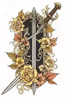 Sword and flowers blooming with elvish script tattoo design idea