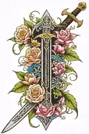Sword and flowers blooming with elvish script tattoo design idea