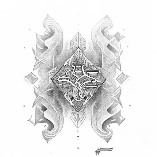 Ambigram tattoo art that reads VANDNA on the side up and reads  NAVEEN on the side down tattoo design idea