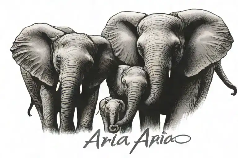 baby and mother elephant in a line with the name Aria in cursive font tattoo design idea