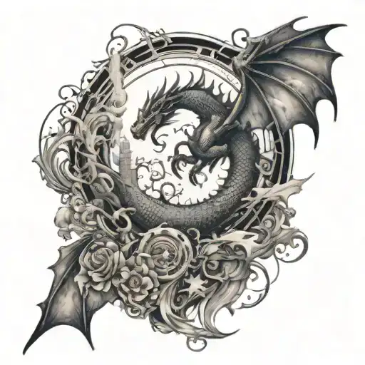 A dream-themed tattoo featuring a dragon flying through a surreal dreamscape filled with abstract symbols and imagery tattoo design idea