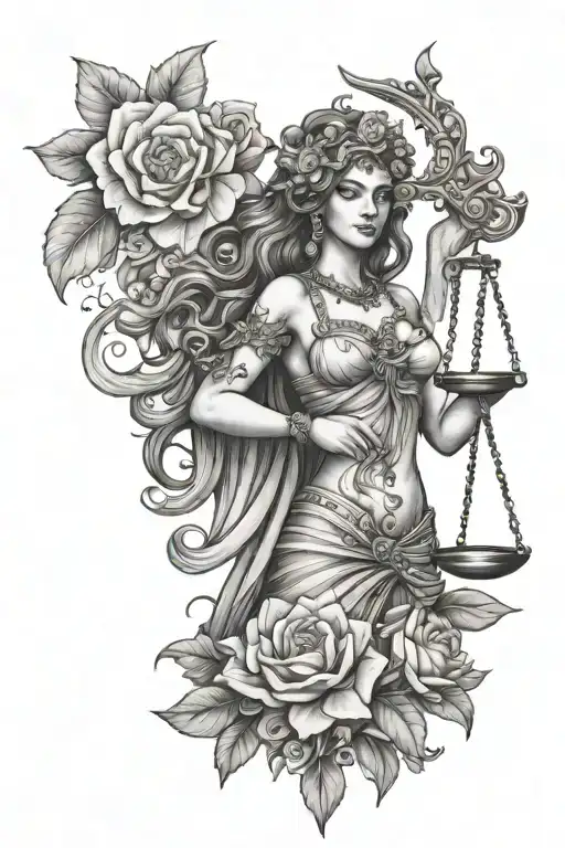 libra goddess holding scale flower blooming tattoo design idea