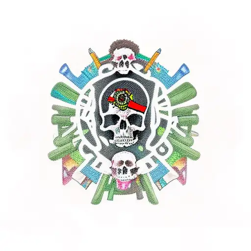 school bus covered in skulls tattoo design idea