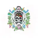 school bus covered in skulls tattoo design idea