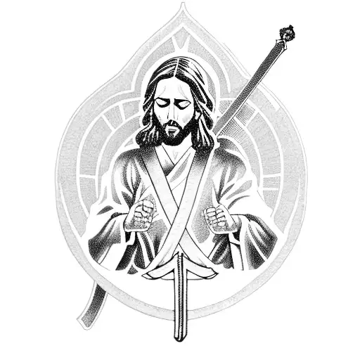 A tattoo of Jesus holding a sword surrounded by Japanese text tattoo design idea
