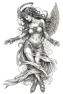 full-body angel woman blindfolded tattoo design idea