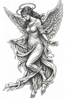 full-body angel woman blindfolded tattoo design idea