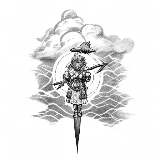 A Scottish warrior holding a lightning bolt, surrounded by storm clouds tattoo design idea