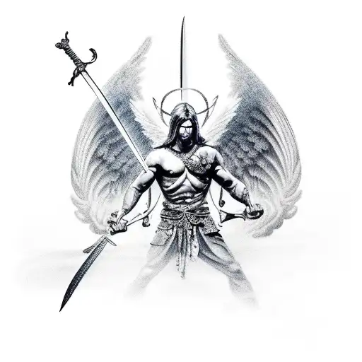 A tattoo of a male warrior angel holding sword, lighting, ultra realism, a storm in the background tattoo design idea