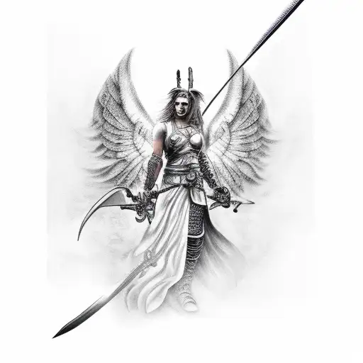 A tattoo of a warrior angel with sword and lighting tattoo design idea