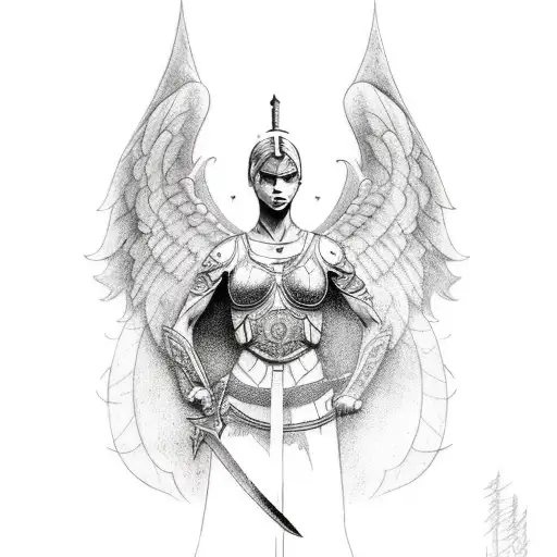 A tattoo of a warrior angel with sword and lighting tattoo design idea