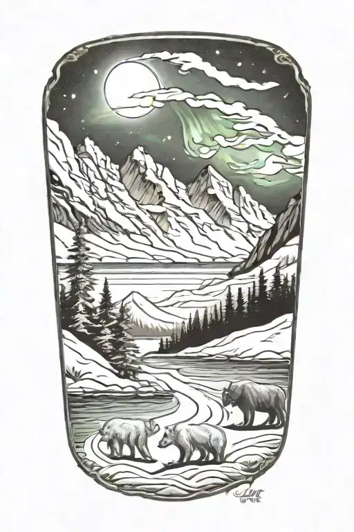alaska scene with northern lights tattoo design idea
