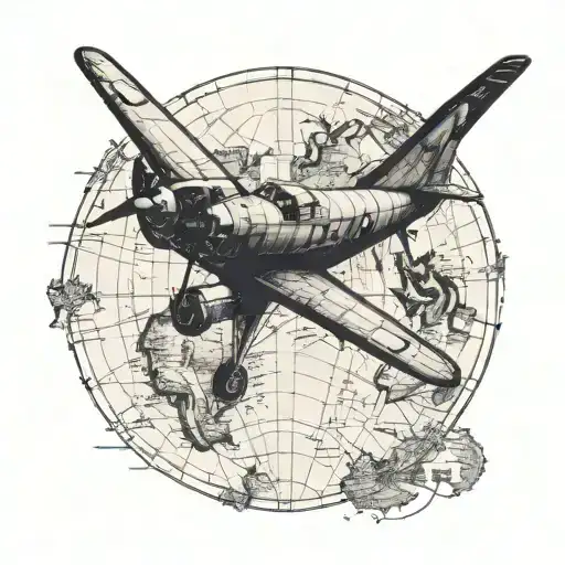 A vintage military plane flying over a world map, symbolizing the client's love for traveling and military history tattoo design idea