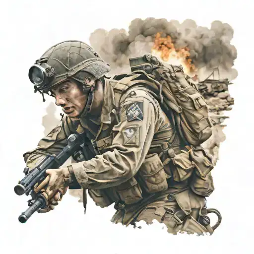 A cinematic scene of a soldier in uniform watching a classic war movie, combining the client's passion for movies and military background tattoo design idea