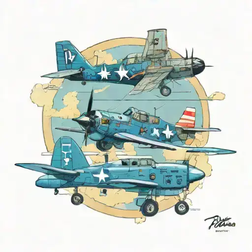 A collage of iconic military planes from different eras, showcasing the client's fascination with military aircraft tattoo design idea