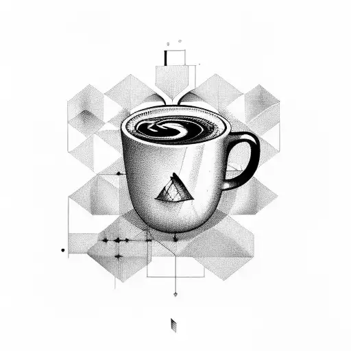 Steaming coffee cup surrounded by architectural blueprints tattoo design idea
