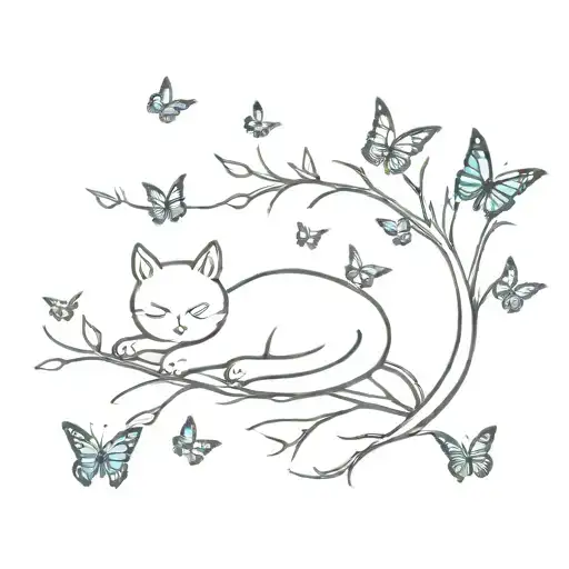 A minimalist tattoo of a cat napping under a tree, with butterflies fluttering around tattoo design idea