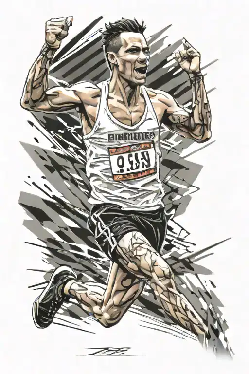 A marathon runner crossing the finish line with hands up in victory tattoo design idea