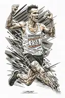 A marathon runner crossing the finish line with hands up in victory tattoo design idea