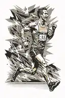 A marathon runner crossing the finish line with hands up in victory tattoo design idea